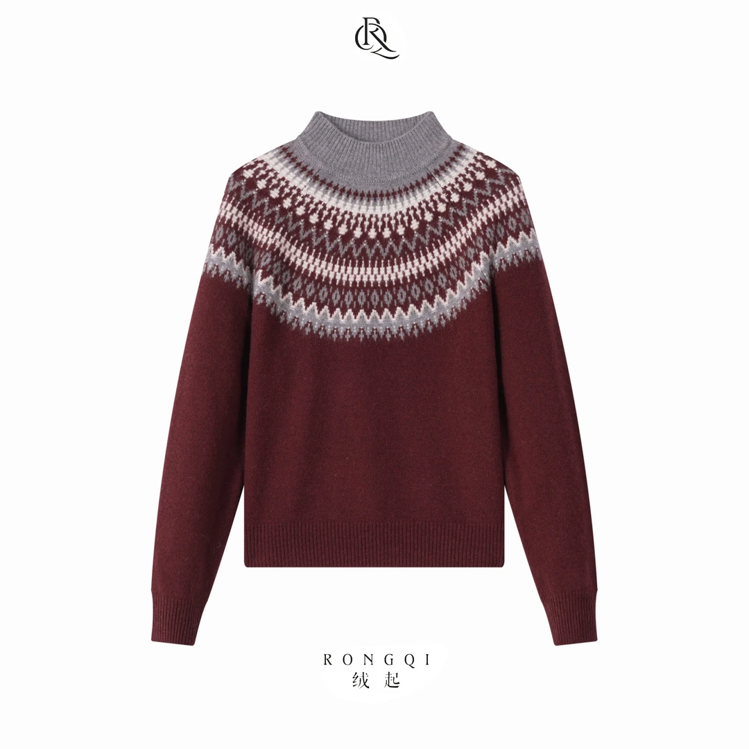 【冬日高歌】山羊绒绵羊毛复古费尔岛提花半高领针织衫X4154