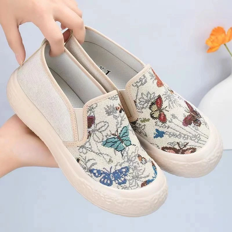 PLOVER老北京布鞋女鞋秋季透气帆布鞋一脚蹬厚底渔夫鞋女妈妈鞋