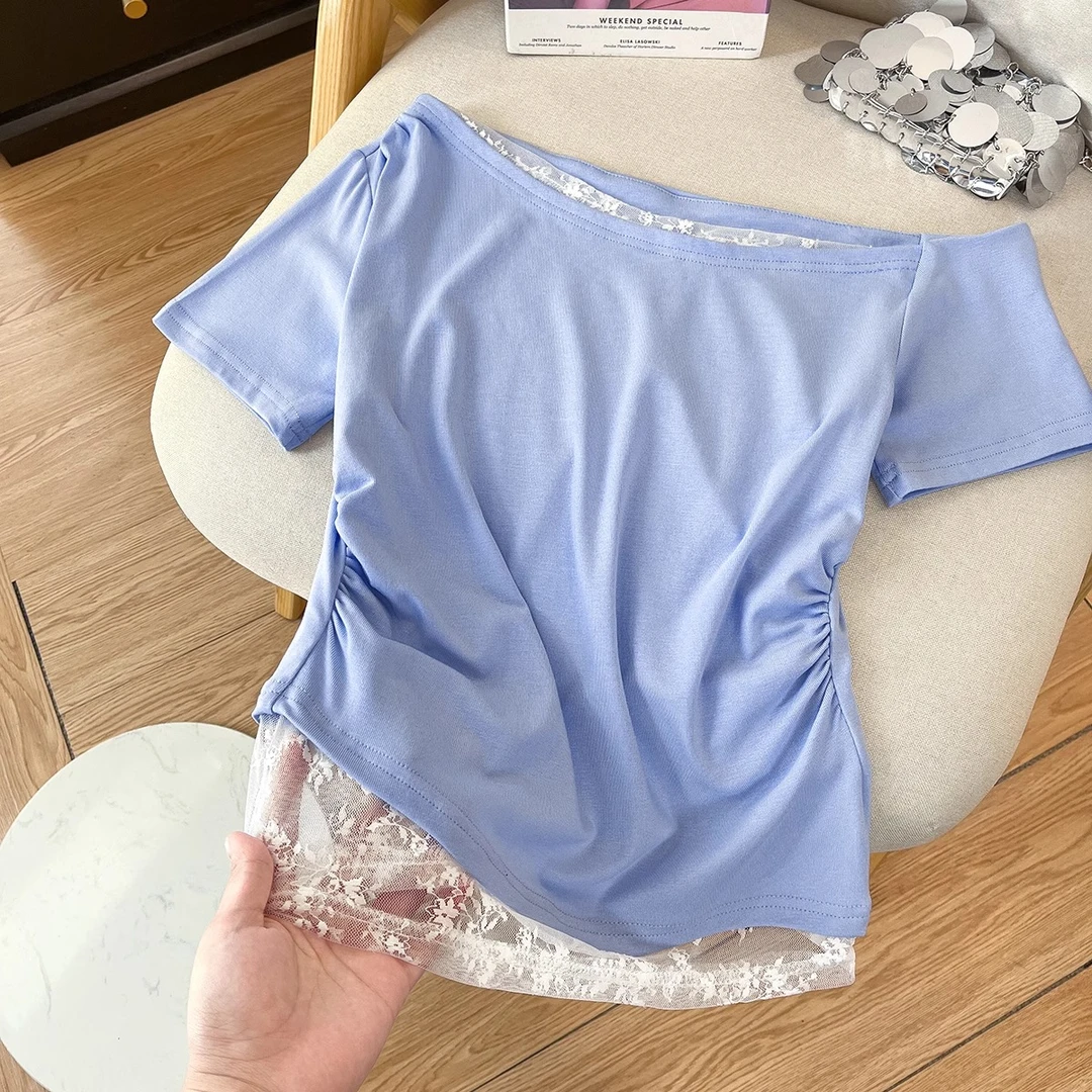 天蓝色甜辣2025夏季斜肩露肩短袖t恤女夏季掐腰拼接蕾丝小上衣
