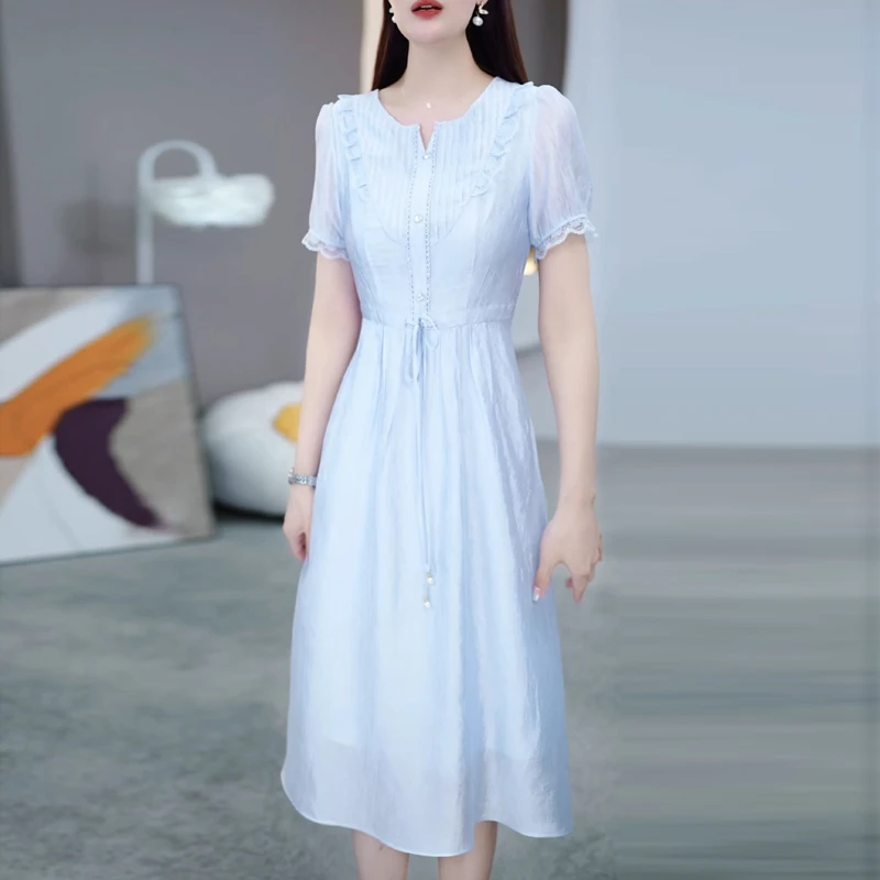 洋气减龄浅蓝色连衣裙2025夏季新款小个子轻奢高级感轻薄天丝裙子