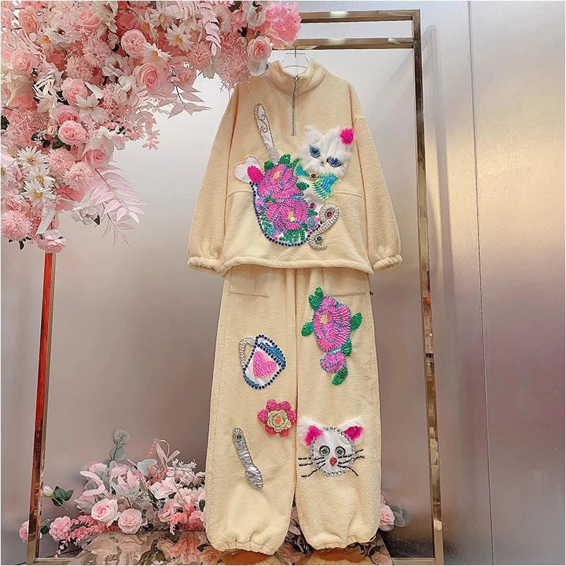 QD1167欧美设计师2025早春新款重工钉钻刺绣卡通花朵套装女