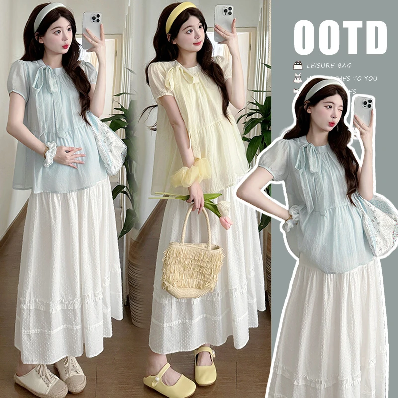 时髦孕妇装夏季新款显瘦圆领泡泡袖蝴蝶结娃娃衫上衣加蕾丝裙套装