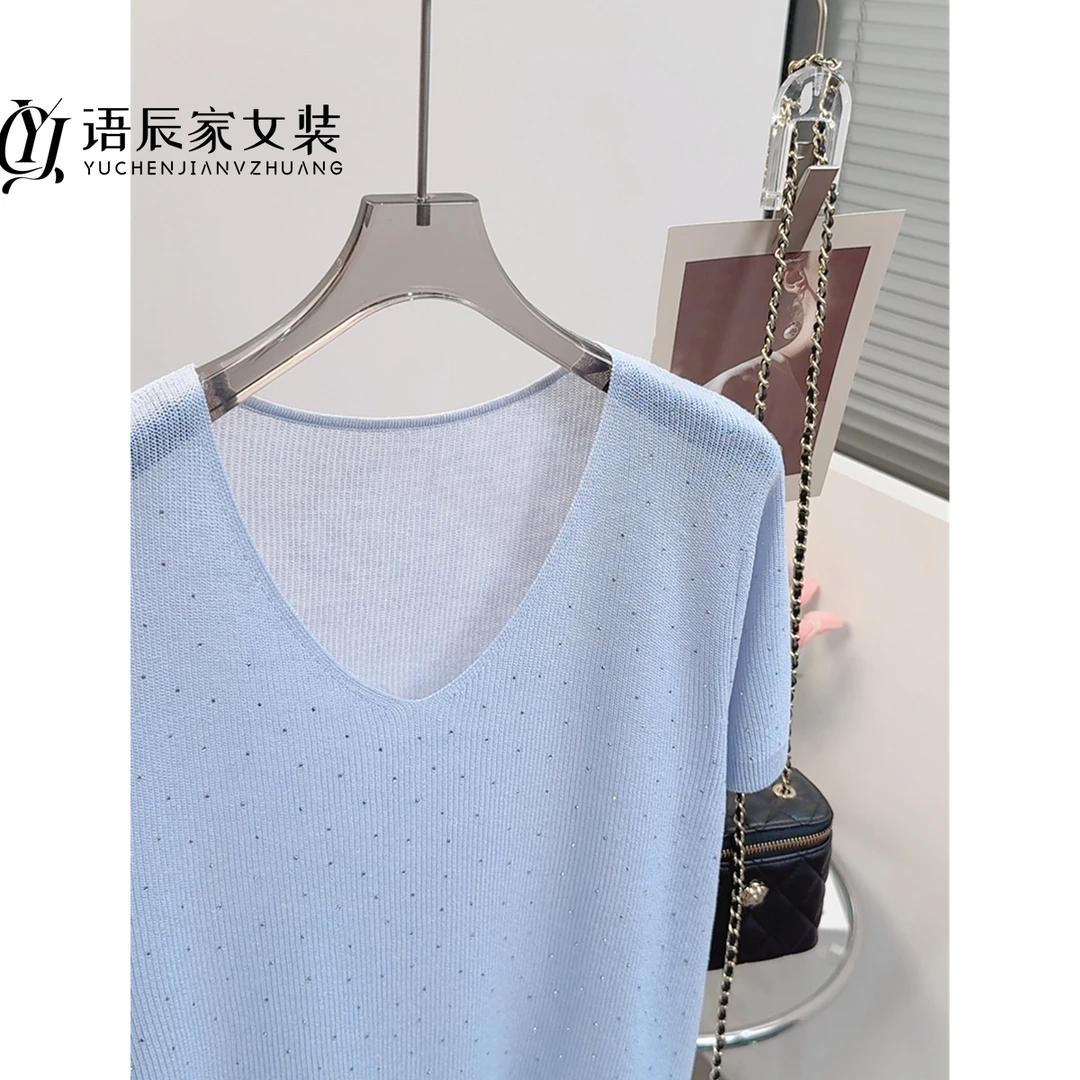 B1018【线下同款】莱赛尔+亚麻~高定！夏季短袖烫钻“满天星”女针织衫