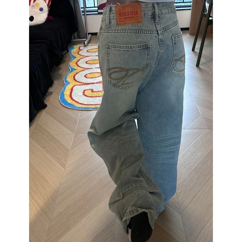 小个子美式复古口袋刺绣阔腿牛仔裤女宽松高腰宽松显瘦直筒拖地裤