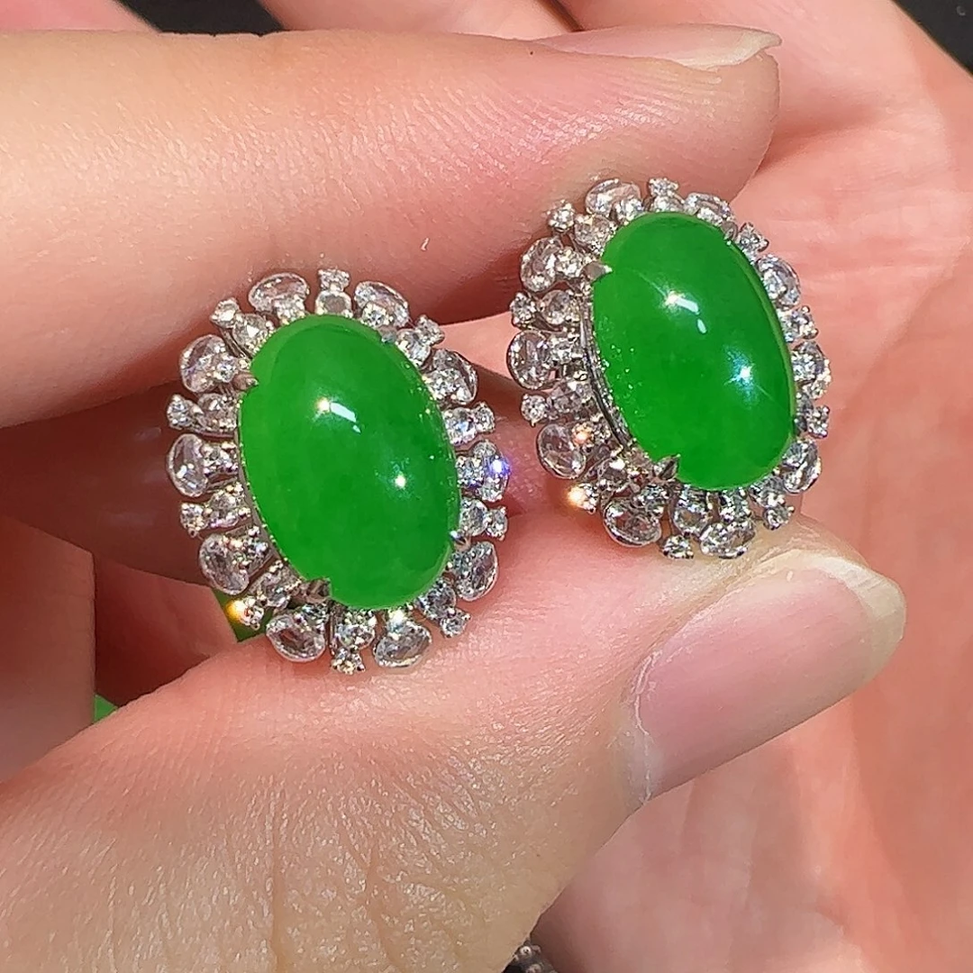 翡翠18K金镶嵌耳饰蛋面