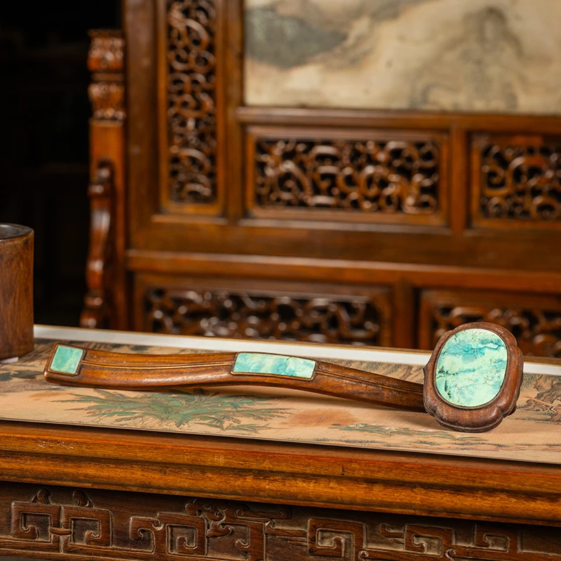 清代黄花梨三镶绿松石如意老物件文玩古董收藏海黄如意招财摆件