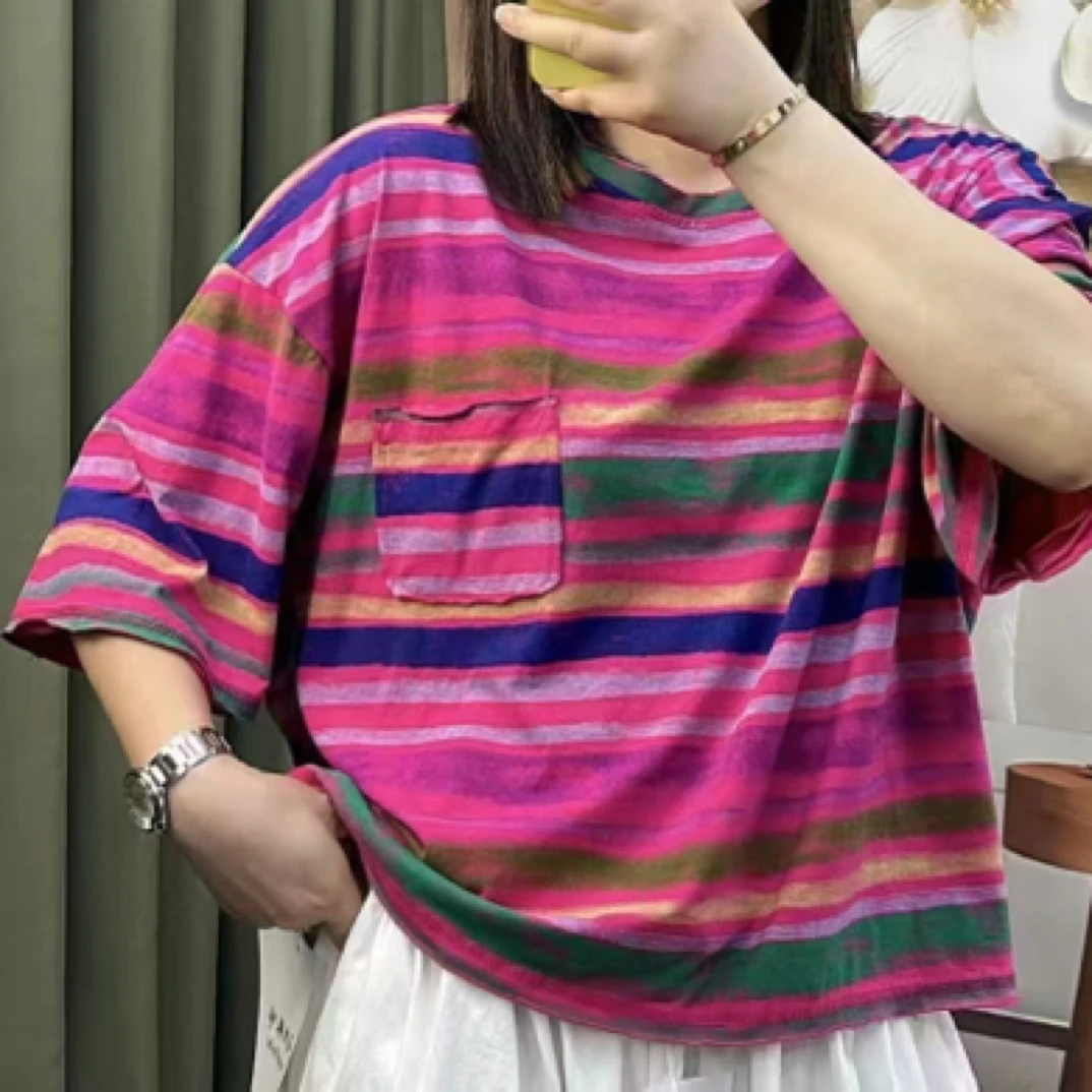 夏季新款彩条棉园领带小口袋短袖女