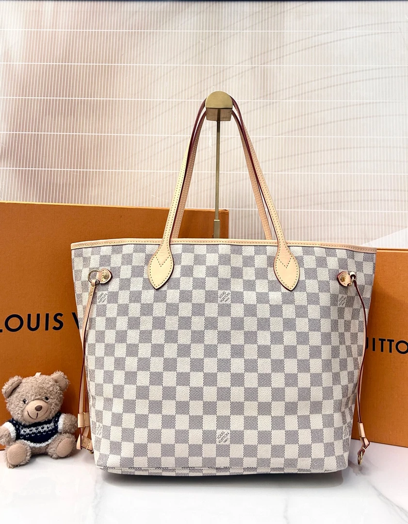99新 LouisVuitton/路易威登 neverfull白棋盘格中号购物袋/9710