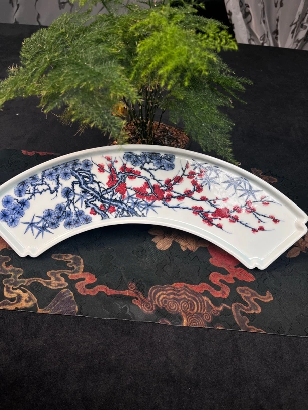 景德镇陶瓷茶具全手工手绘原矿青花釉里红岁寒三友松竹梅干泡台