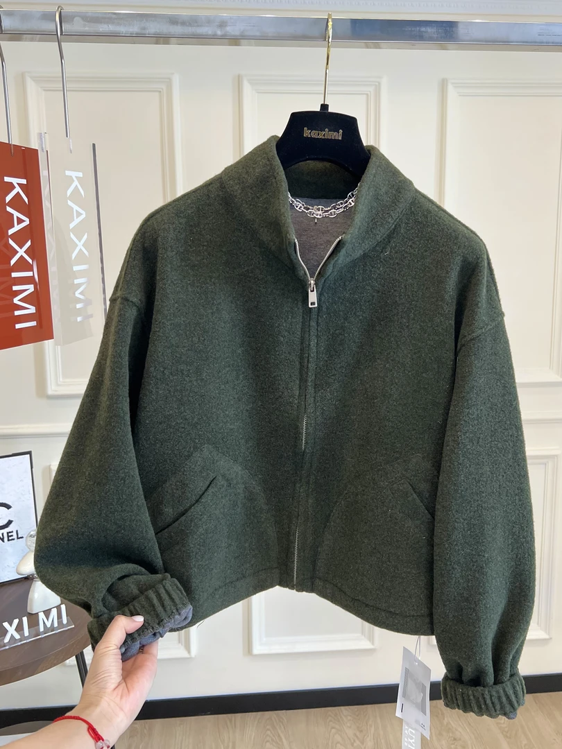 高端欧货秋冬新款独特别致立领拉链宽松毛呢卫衣夹克外套女慵懒风