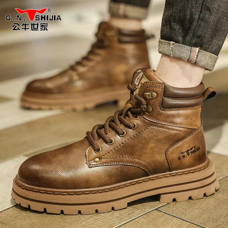 公牛世家工装靴男秋冬新款高帮男士休闲鞋潮流厚底加绒保暖棉靴男