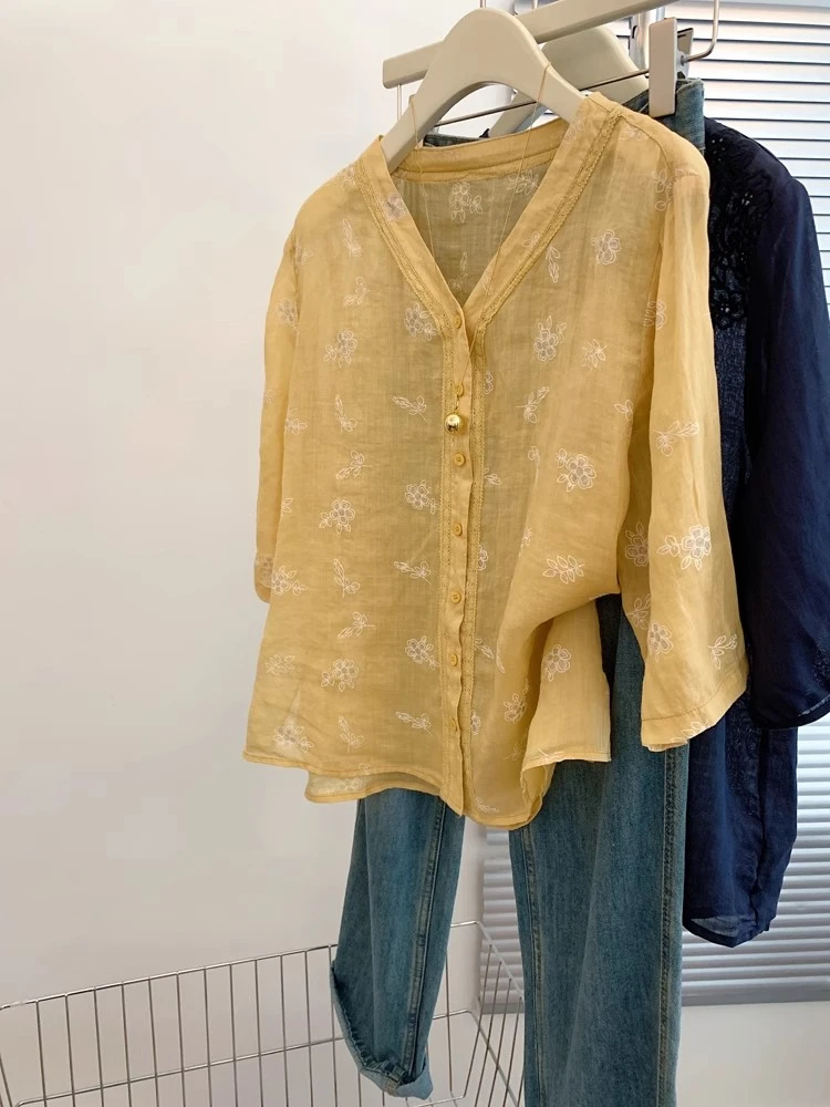 舒适新中式国风流行薄款黄色v领防晒衬衫女气质上衣七分中袖高端