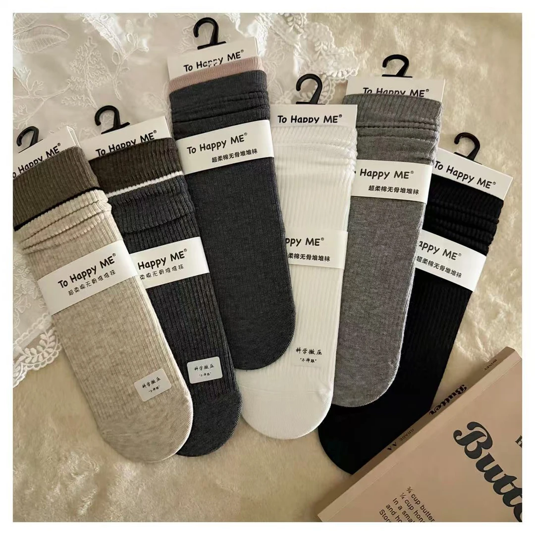 女士时尚韩系纯色百搭可堆可直微压堆堆女袜六双装