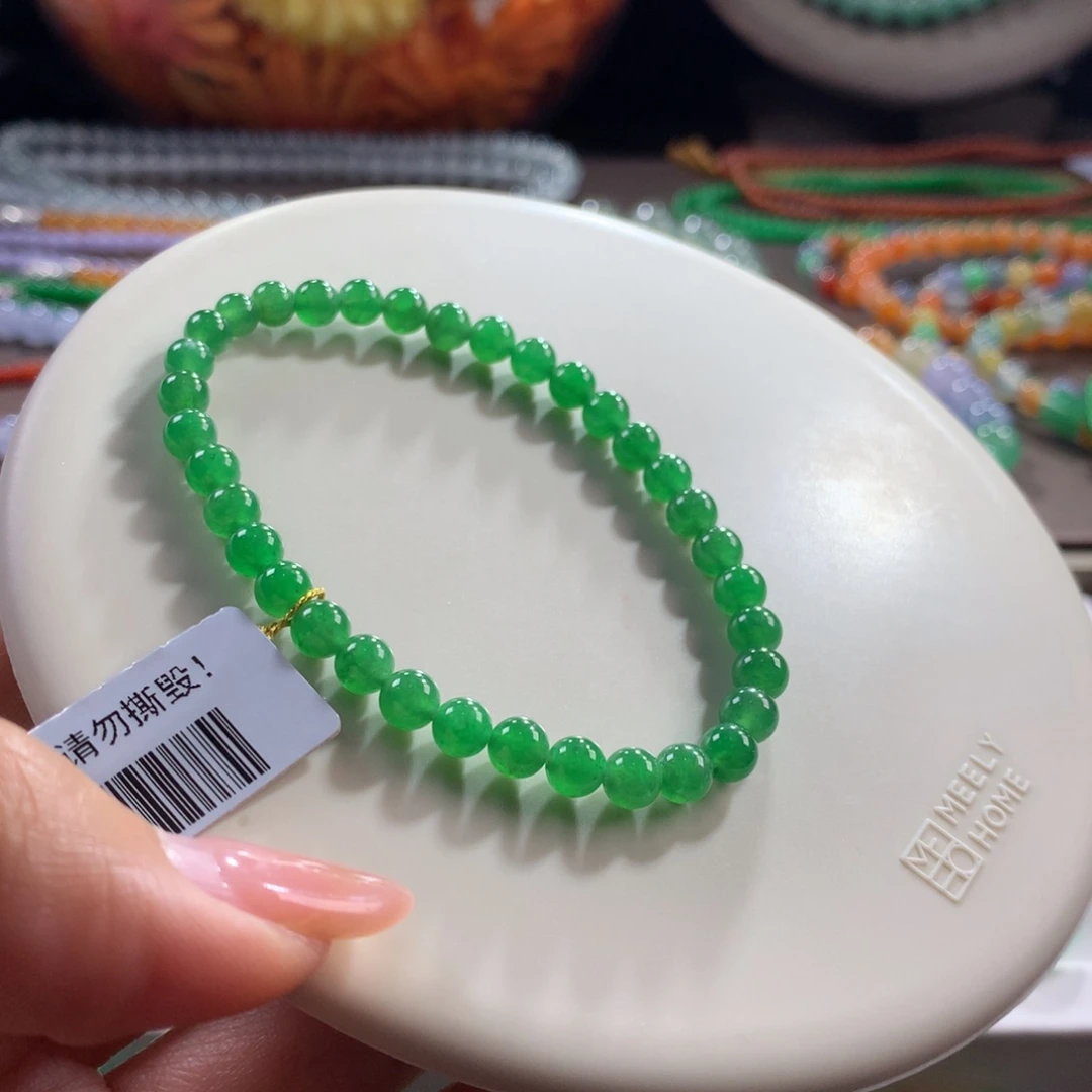 翡翠未镶嵌手链满色胶润浓绿卡4.3-5.3