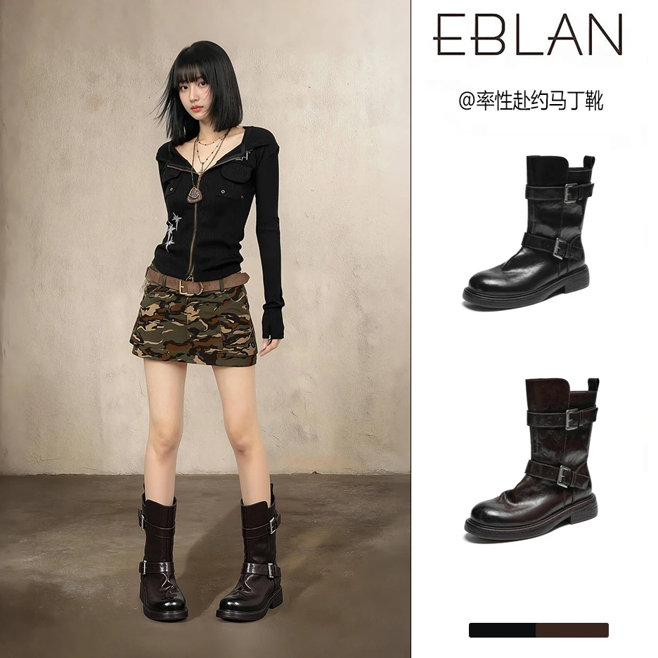 EBLAN/伊伴水洗缩纹厚底马丁靴女2025秋季新款英伦风短靴机车靴子