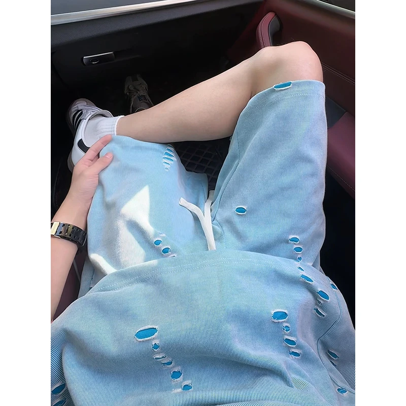 扎染破洞时尚设计感短袖T恤短裤套装男美式休闲运动宽松两件套潮