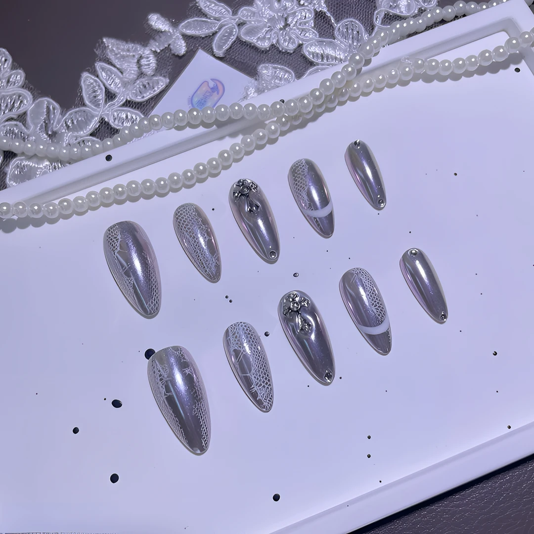 A1641『金属蕾丝』轻奢千金质感镜面蕾丝金属十字架纯手工穿戴甲