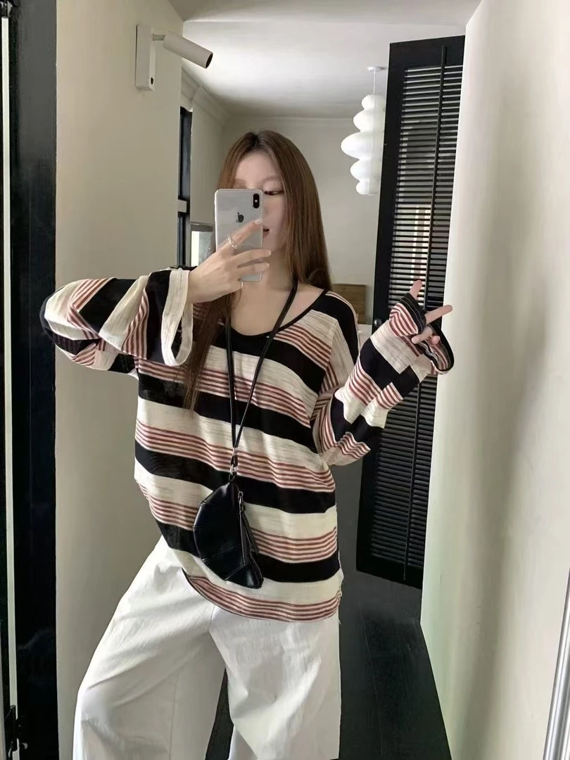 港风复古条纹长袖防晒T恤女夏季慵懒风宽松显瘦百搭气质早秋上衣