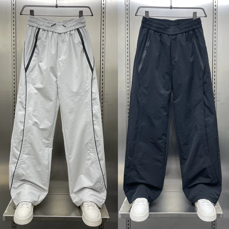 夏季新款透气速干户外轻薄条纹运动裤男士潮牌宽松直筒抽绳休闲裤