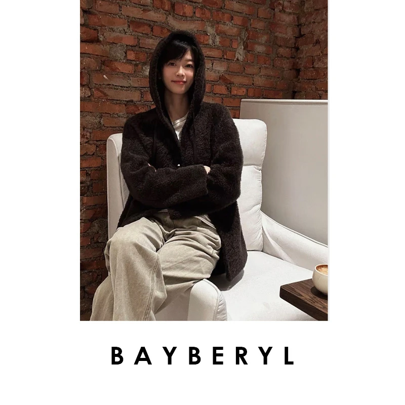 领券-BAYBERY老贝泰迪拉贡连帽黑色秋冬皮衣一体外套PY3J2321