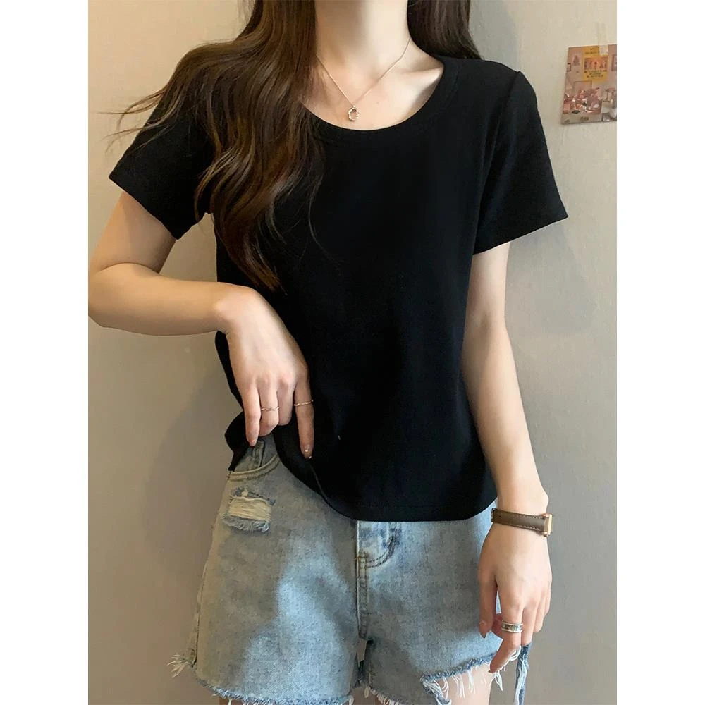 大码黑色螺纹正肩短袖t恤女2025新款夏季胖mm遮肚子显瘦短款上衣