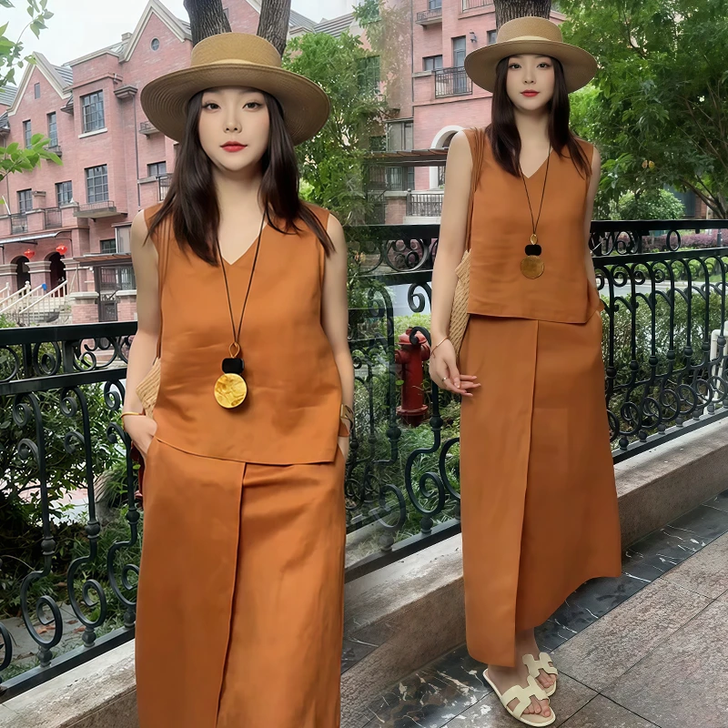 慵懒风休闲套装女2025夏季新款百搭纯色v领无袖背心半身裙两件套