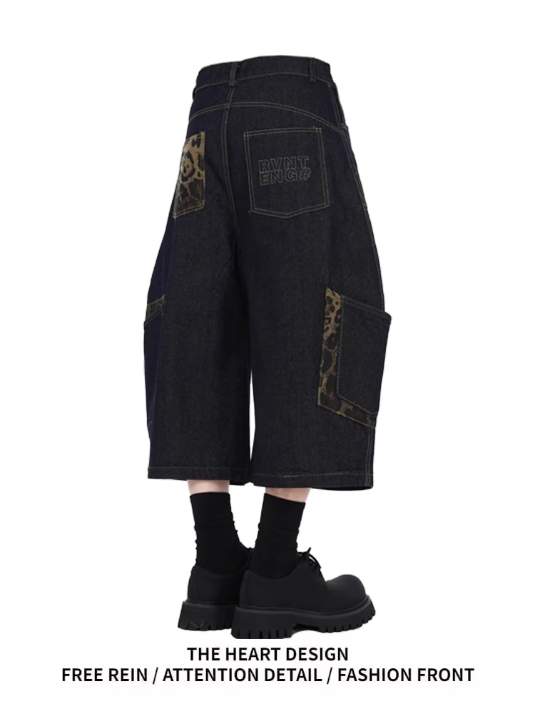 美式复古豹纹拼接弯刀牛仔七分裤女2025夏季新款多口袋阔腿短裤子