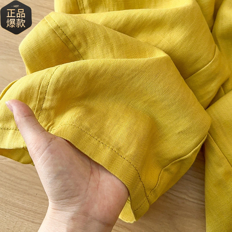 黄色天丝亚麻阔腿裤女夏薄款2025新款小个子九分裤棉麻宽松直筒裤