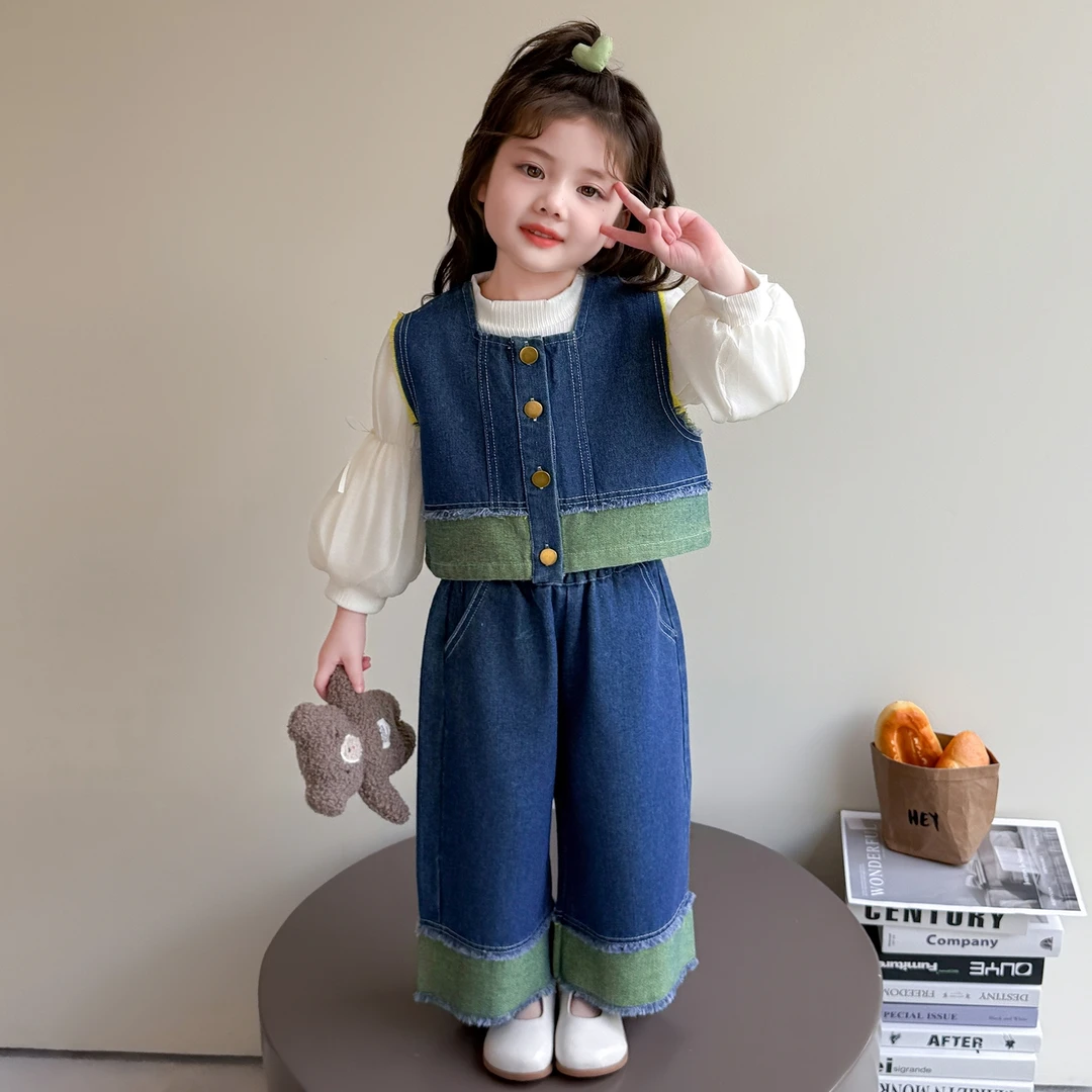 女童牛仔套装洋气儿童春秋季新款女宝宝马甲三件套小女孩阔腿裤潮