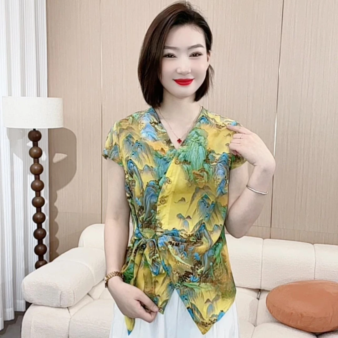 2025夏季时尚洋气新款设计山水画V领系带百搭显瘦气质短袖P