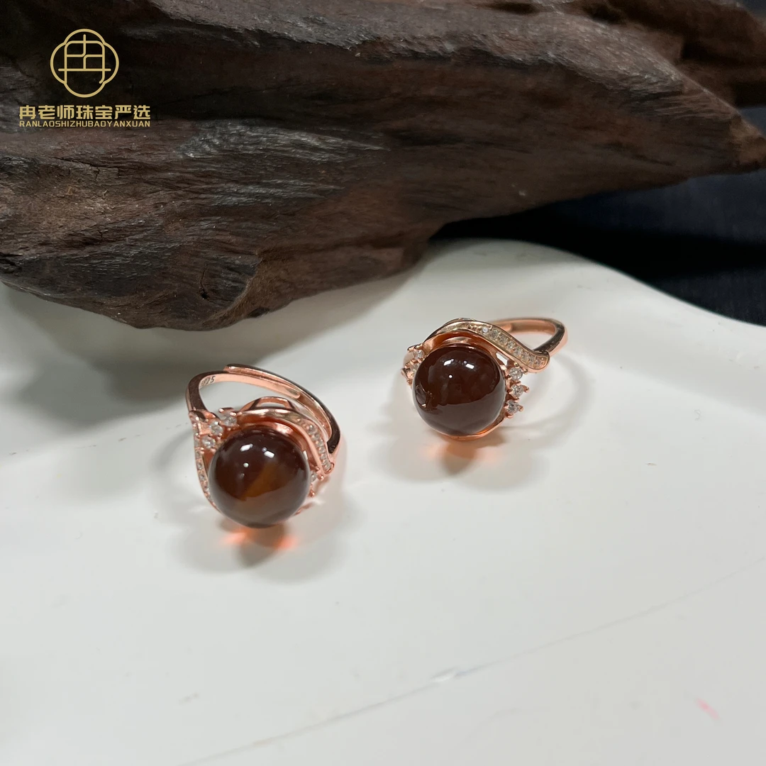 XP108天然琥珀S925银镶戒指10mm+多样性发其一