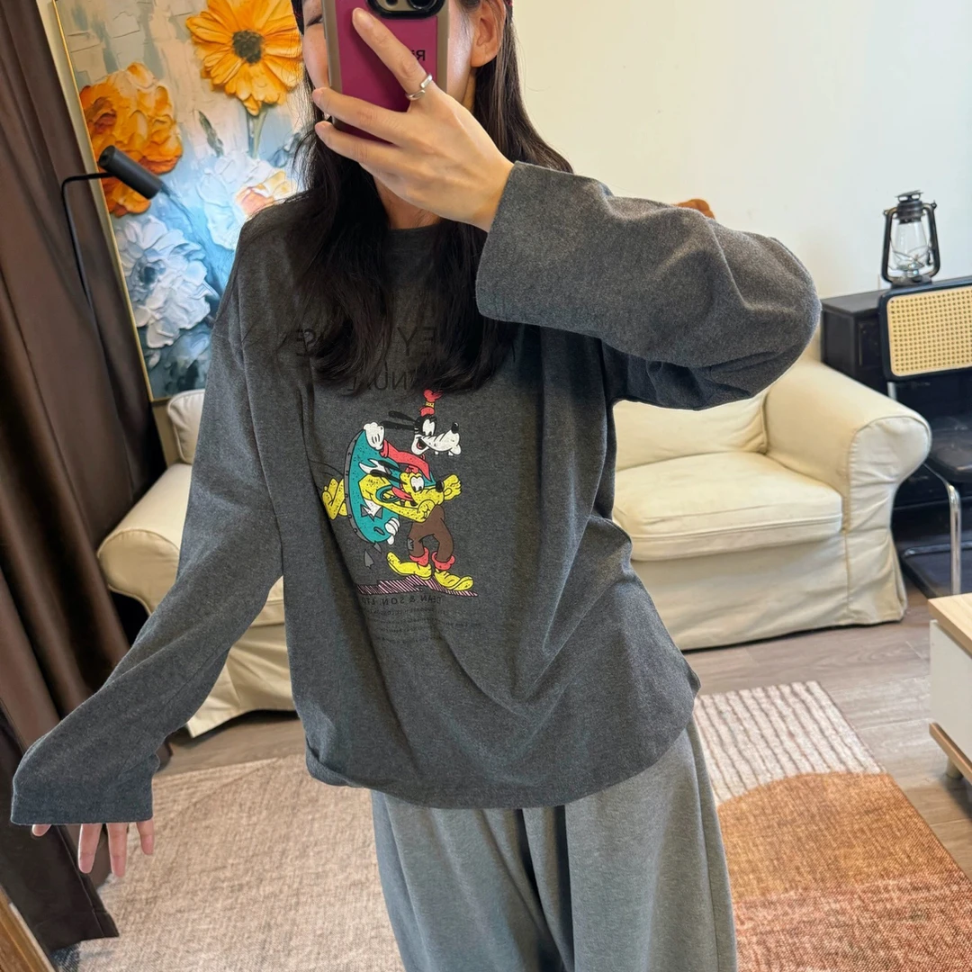推荐bi买款哦！韩国代购超级实穿2色卡通印花宽松感长袖百搭t恤