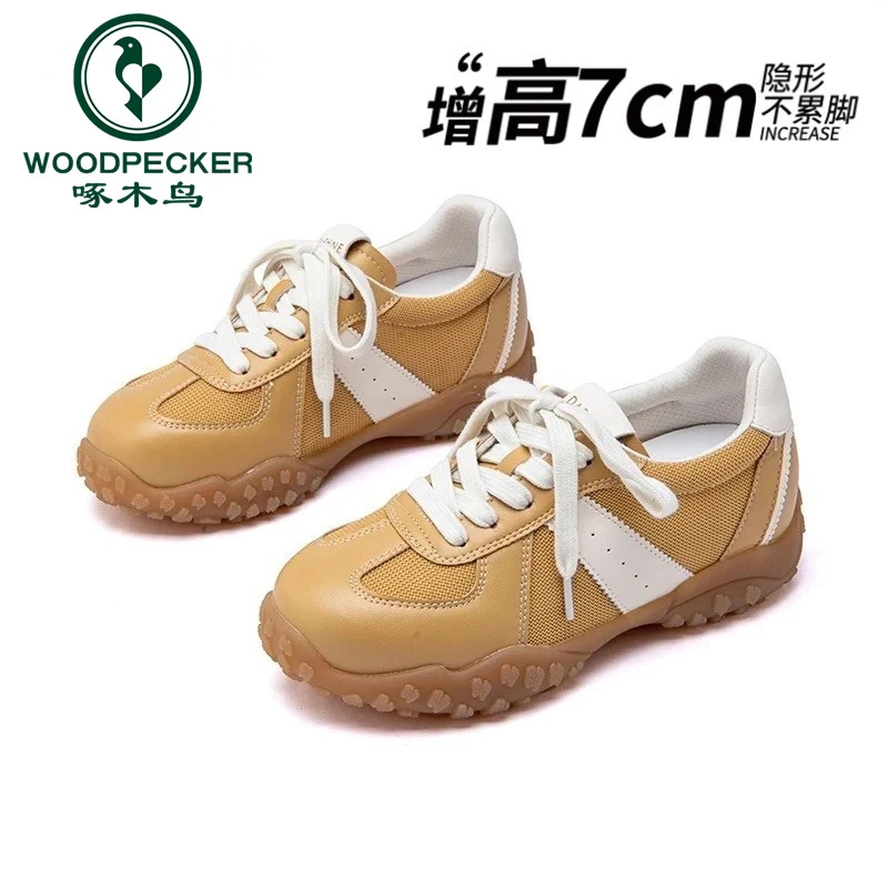 啄木鸟透气网面7cm内增高德训鞋女夏季运动休闲小个子厚底阿甘鞋