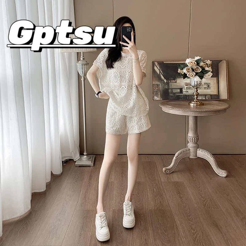 GPTSu休闲套装2025新款女装夏小众设计感镂空蕾丝短袖短裤两件套