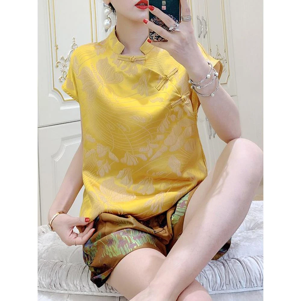 设计感国风气质缎面盘扣衬衫女2025夏季新款小众斜襟显瘦短袖上衣