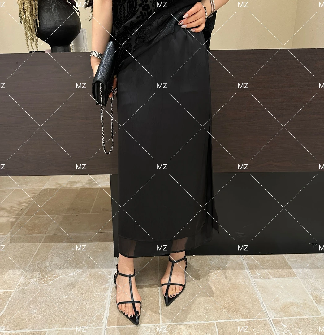 【格子家】【福袋链接中奖备注尺码】气质重工双层侧开叉半身裙B090