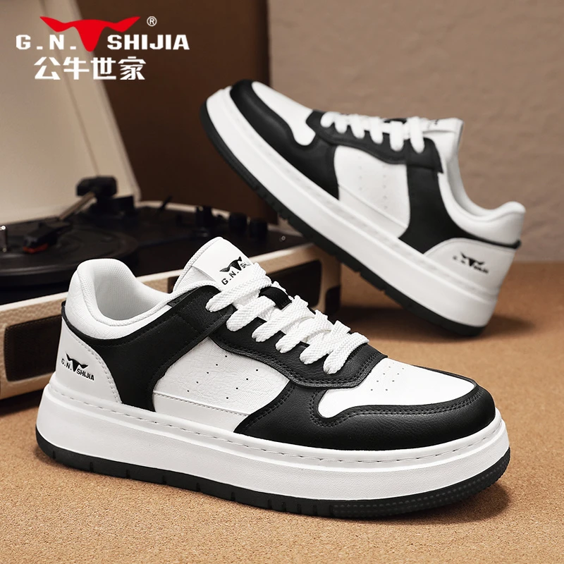 公牛世家男鞋2025春季新款休闲板鞋男黑白熊猫厚底运动防滑小白鞋