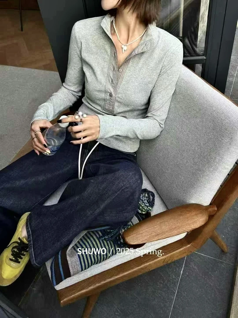 【SHUWO】黑白灰深圳南油春夏新款修身高弹纽扣螺纹长袖T恤翻领高领