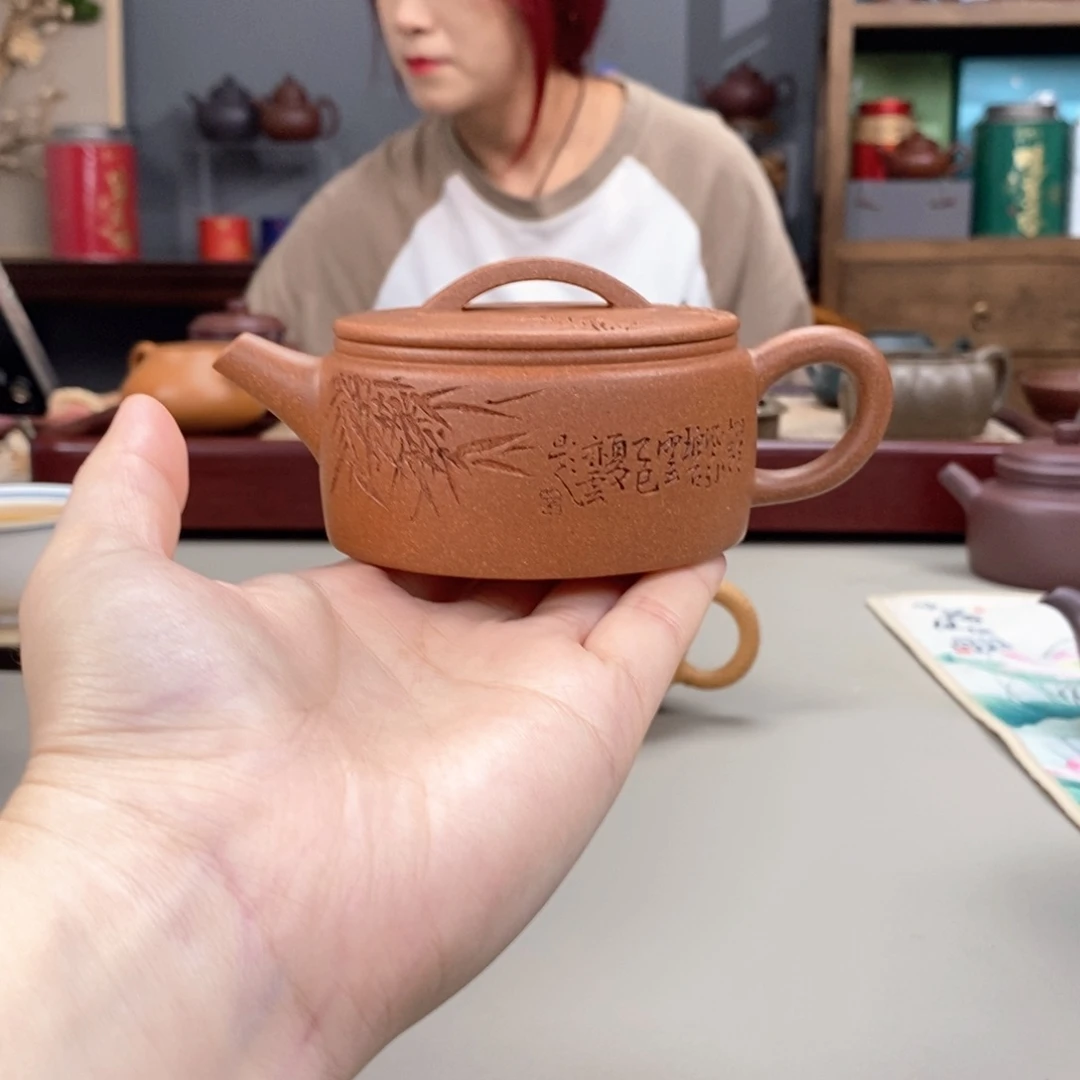 茶壶紫砂黄降坡汉瓦刻竹子半手170c