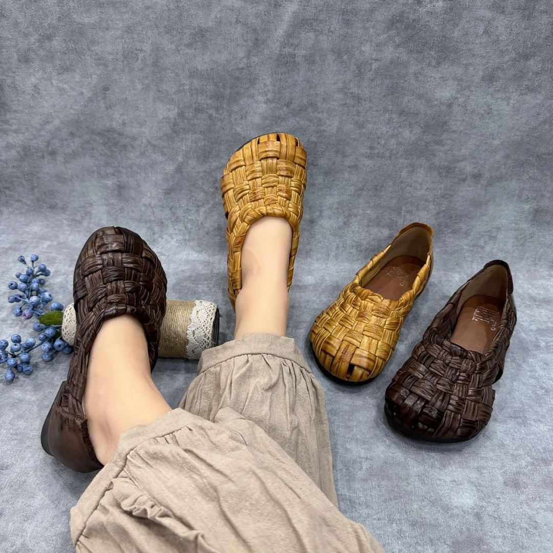 广州高端手工编织复古民族风纯牛皮防滑软底舒适糖果色镂空透气