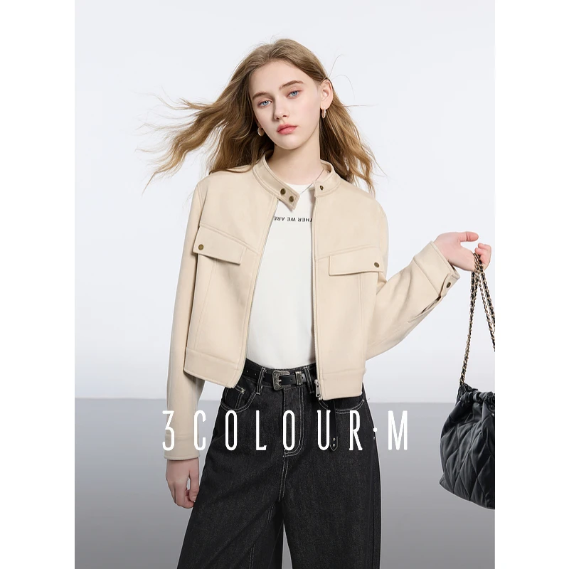 三彩2025春季新款短款仿麂皮立领外套杏色宽松正肩夹克上衣女M