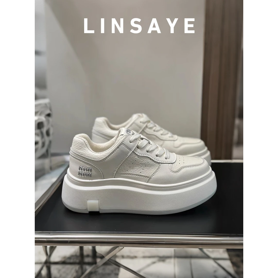 厚底牛皮小白鞋女鞋2025新款百搭运动休闲鞋增高系带轻便系带板鞋