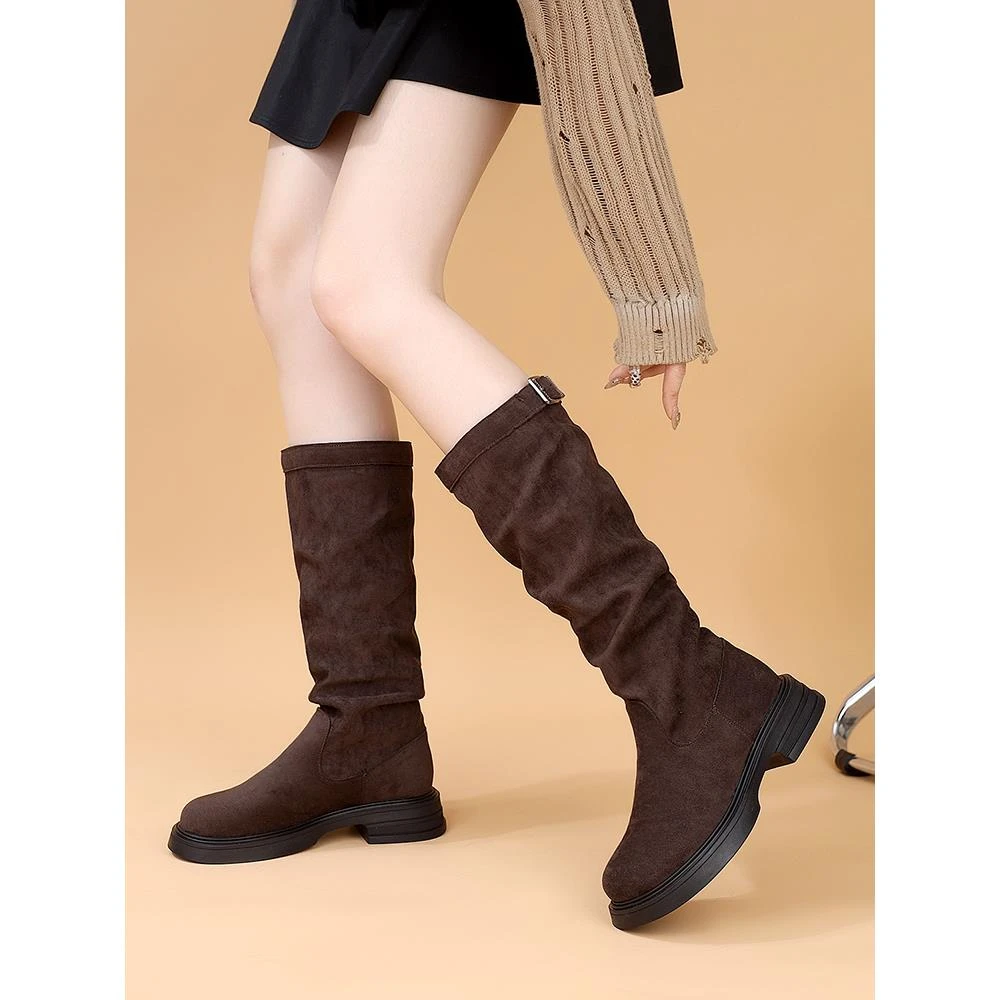 BPQR平底长筒靴女2025年秋冬季新款百搭显瘦防滑软底英伦风加绒马