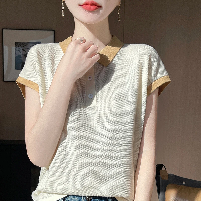 拼色POLO领短袖t恤女天丝针织洋气减龄撞色T恤宽松上衣24夏季薄款