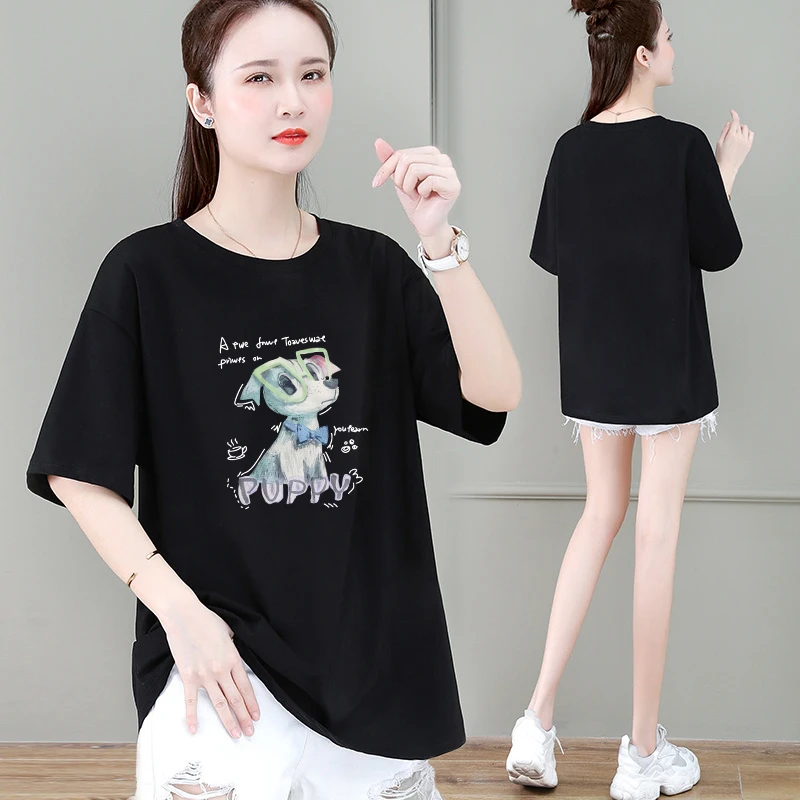 俏兰纪简约舒适百搭休闲短袖T恤女士夏季宽松大码中长款印花上衣