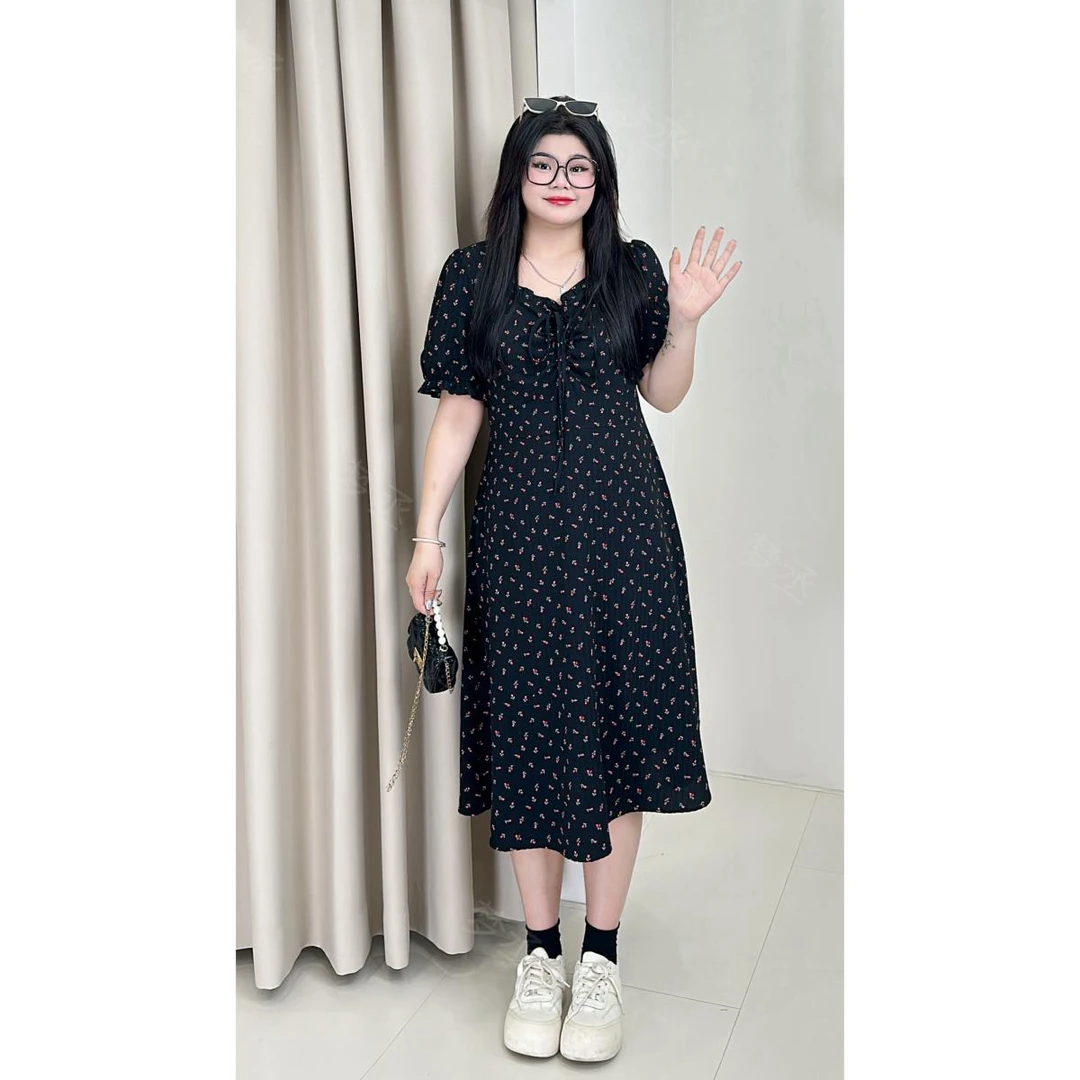 梦丞-宽松时尚气质绑带碎花夏季大码女装长裙显瘦短袖连衣裙女