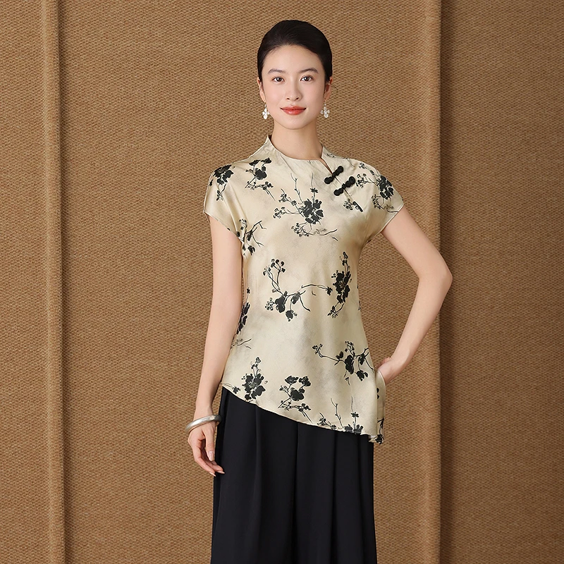 齐黛&知荷联名款新中式盘口桑蚕丝上衣女2025新款真丝短袖小衫