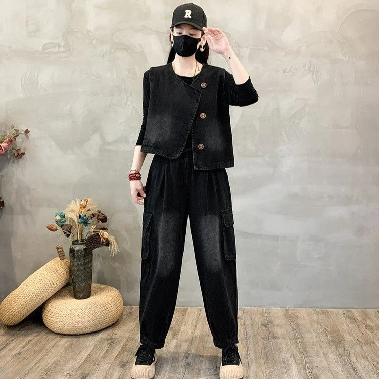 秋季新款复古休闲牛仔马夹套装女2025减龄显瘦大口袋马甲两件套