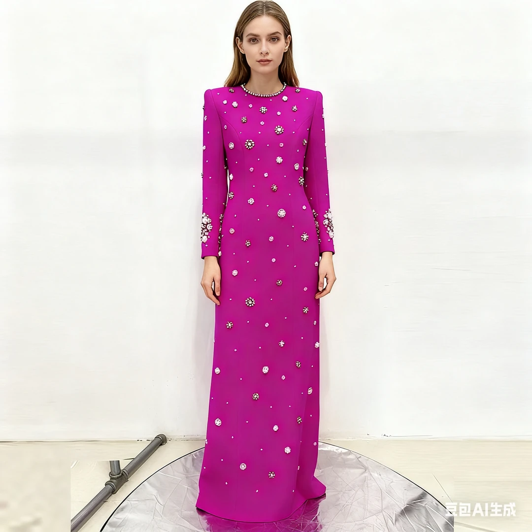 奢华2025新款欧美明星时尚重工钉珠镶钻修身长款连衣裙 礼服长裙