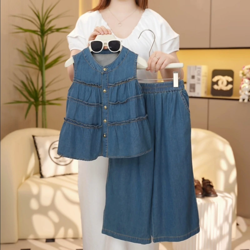 【糖宝魔豆】女童牛仔套装夏季薄款2025新款洋气夏装女孩无袖两件套